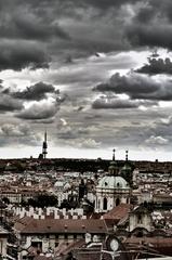 Panoramic view of Prague with Charles Bridge and Vltava River