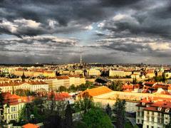 Prague Old Town in spring with sunlit buildings and towers