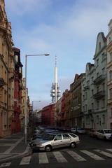 View of Žižkov Television Tower from Na Švihance and Křížkovského streets in Prague