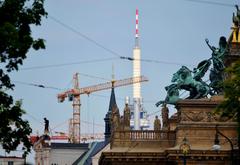 Praha cityscape with National Theatre building and Žižkov Television Tower