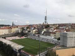 Stadion FK Viktoria Žižkov with Žižkov TV Tower in the background