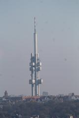 Prague TV tower with a cloudy sky backdrop