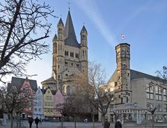 Fish market and Groß St. Martin church in Cologne, Germany