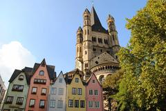 Great Saint Martin Church in Cologne, Germany viewed from Fischmarkt