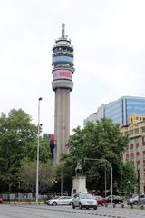 Woodpecker sculpture by Mauricio García Collío at Entel Tower during Hecho en Casa festival in Santiago de Chile