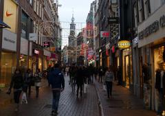 Kalverstraat with view of Munttoren in Amsterdam