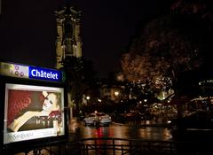 Métro Châtelet entrance with Théâtre du Châtelet and Tour Saint-Jacques