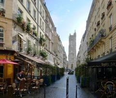 Rue Nicolas Flamel with Saint-Jacques Tower in the background, Paris