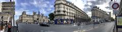 Panorama on the Rue de Rivoli near the Saint-Jacques Tower in Paris, France