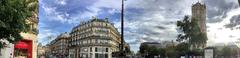 Panorama on the Rue de Rivoli near the Saint-Jacques Tower in Paris, France