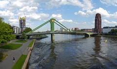 Floesserbruecke view from Ignatz-Bubis-Bruecke with ECB building and Main Plaza in Frankfurt am Main, 2012