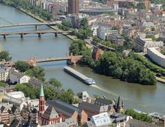 Flößerbrücke, Ignatz-Bubis-Brücke, and Alte Brücke over the Main River in Frankfurt, view from Maintower, June 2018