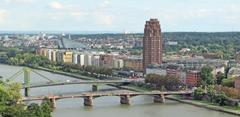 View from the Cathedral Tower over Main River and Frankfurt-Sachsenhausen with Deutschherrnviertel, Flößer Bridge, and Ignatz-Bubis Bridge (2010)