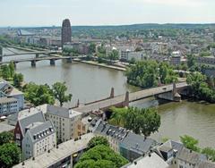 View of Flößerbrücke, Ignatz-Bubis-Brücke, and Alte Brücke from cathedral tower in Frankfurt am Main