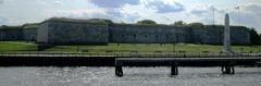 2017 view of Fort Independence on Castle Island from Boston Harbor with Donald McKay obelisk on the right