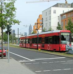 Tram terminus Rebstockbad at Leonardo-da-Vinci-Allee in Frankfurt-Bockenheim, Germany