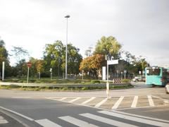 Frankfurt-Rebstock with street Am Römerhof, roundabout near bus depot, view from Schmidtstrasse railway underpass with trees at Rebstockpark entrance, city bus heading towards Europaviertel, 2020-09-05