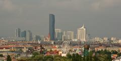 View from St. Othmar parish church tower to Donau City, Prater, and St. Francis of Assisi Church in Vienna