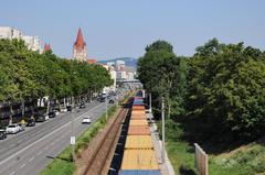 View from Kafkasteg on the Danube shore railway and Handelskai towards the north