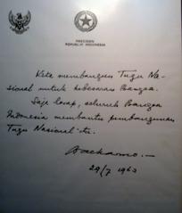 Letter granting permission for the construction of Monas, signed by President Soekarno on July 29, 1963