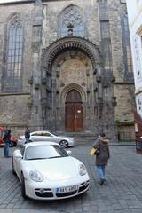 A Porsche in front of the Church of Our Lady before Tyn