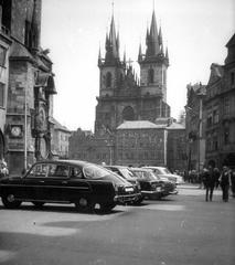 View of Orloj clock with Staromestske square and Tyn Church in Prague