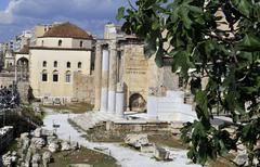 Hadrian's Library and Tzistarakis Mosque with a fig tree in the foreground in Athens, Greece