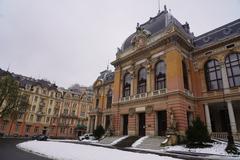 Karlovy Vary winter landscape with snow-covered buildings