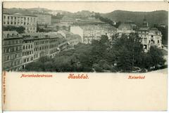 Historic view of Karlsbad's Marienbaderstraße and Kaiserbad in 1898