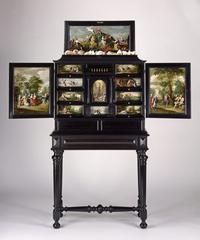 Simon Floquet Ebony Cabinet with Thirteen Paintings of Classical Subjects