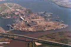 Aerial view of the U.S. Navy Philadelphia Naval Shipyard with various decommissioned vessels