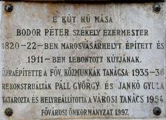 Memorial plaque of Péter Bodor on the Bodor Fountain replica in Margaret Island, Budapest