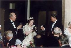 President Ronald Reagan toasting Queen Elizabeth II with Secretary of State George Shultz at left