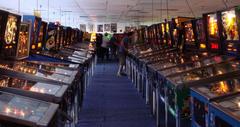 Row of modern pinball machines at the Pinball Hall of Fame in Las Vegas