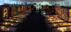 Row of modern pinball machines at Pinball Hall of Fame in Las Vegas