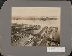 Aerial view of Boston Harbor showing docks and surrounding areas