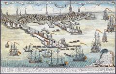 A historical view of Boston in 1768 with British ships landing troops