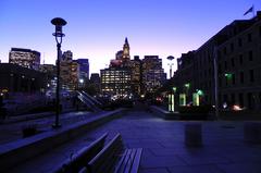 Boston harbor at sundown with downtown skyline