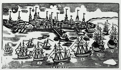 Prospective view of the town of Boston woodcut by Nathaniel Dearborn