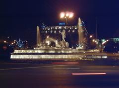 Night view of the Fountain of Neptune in Madrid, Spain