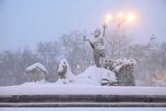 Plaza de Cánovas del Castillo during Filomena Snow Storm