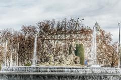 construction site in Madrid, Spain with a fountain and sculptures