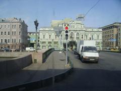 Leshtukov Bridge over water with cityscape background