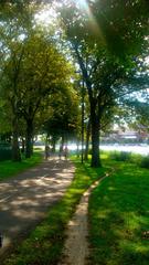 Charles River Trail with view of Cambridge Massachusetts and Longfellow Bridge