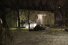 Museum Frieder Burda at night with falling snow in Baden-Baden, Germany