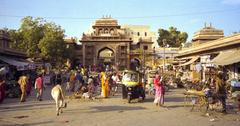 Jodhpur street scene with traditional blue buildings and people walking