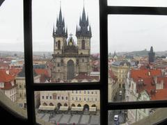 View of Church of Our Lady before Týn and Powder Tower from Old Town Hall in Prague