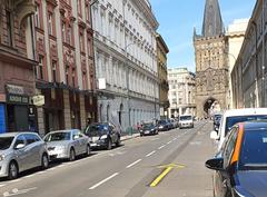 View westward along Hybernská street towards Prašná Brána tower