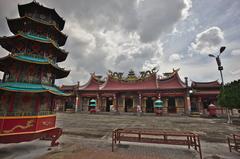 View toward the main hall of Vihara Gunung Timur with incense burner, Medan