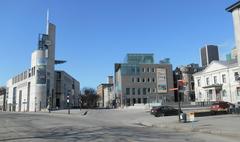 Pointe-à-Callière museum in Montreal with L'Éperon, La Maison-des-Marins, and l'Ancienne-Douane buildings